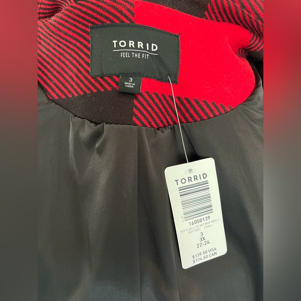 NWT Torrid Red Plaid Tie Waist Wrap Coat Size 3 (22-24) - Picture 13 of 16